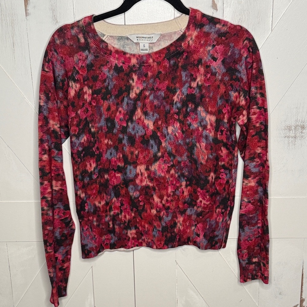 Sanctuary Womens Long Sleeve Floral Watercolor Sweater Red Black